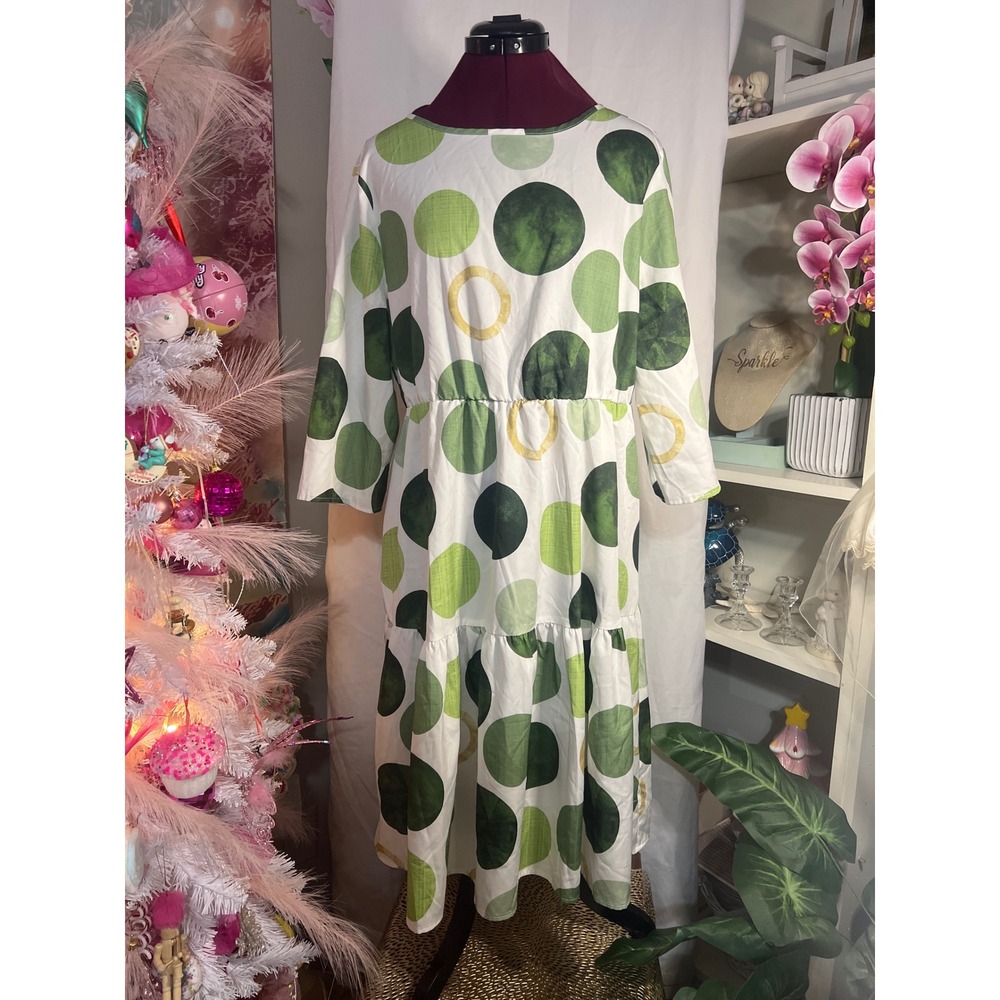SHEIN Midi Dress Womens 12 XL Green Polka Dot Good Tiered Boho Viscose